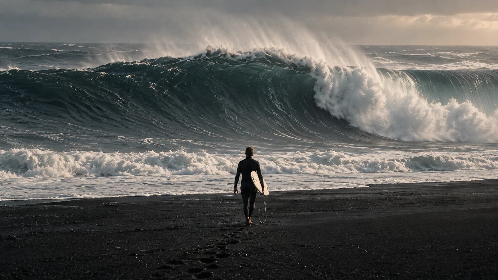 A surfer approaching a breaking ocean wave, shown in a landscape camera frame